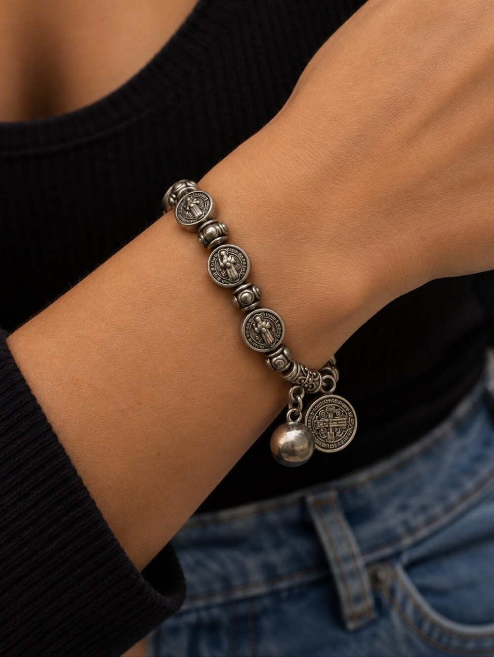 Silver-Tone Saint Medal Bead Bracelet (Watch video for details 🖤 )